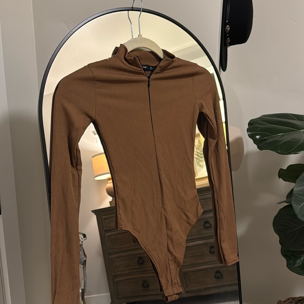 PLT brown zip up bodysuit